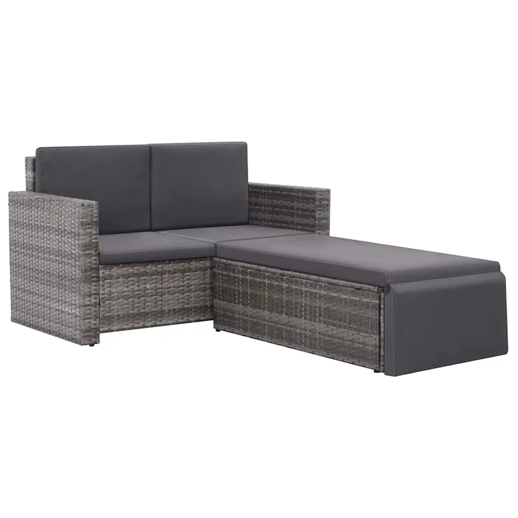 2 Piece Garden Lounge Set Grey Water-Resistant PE Rattan Sofa Stool with Cushions