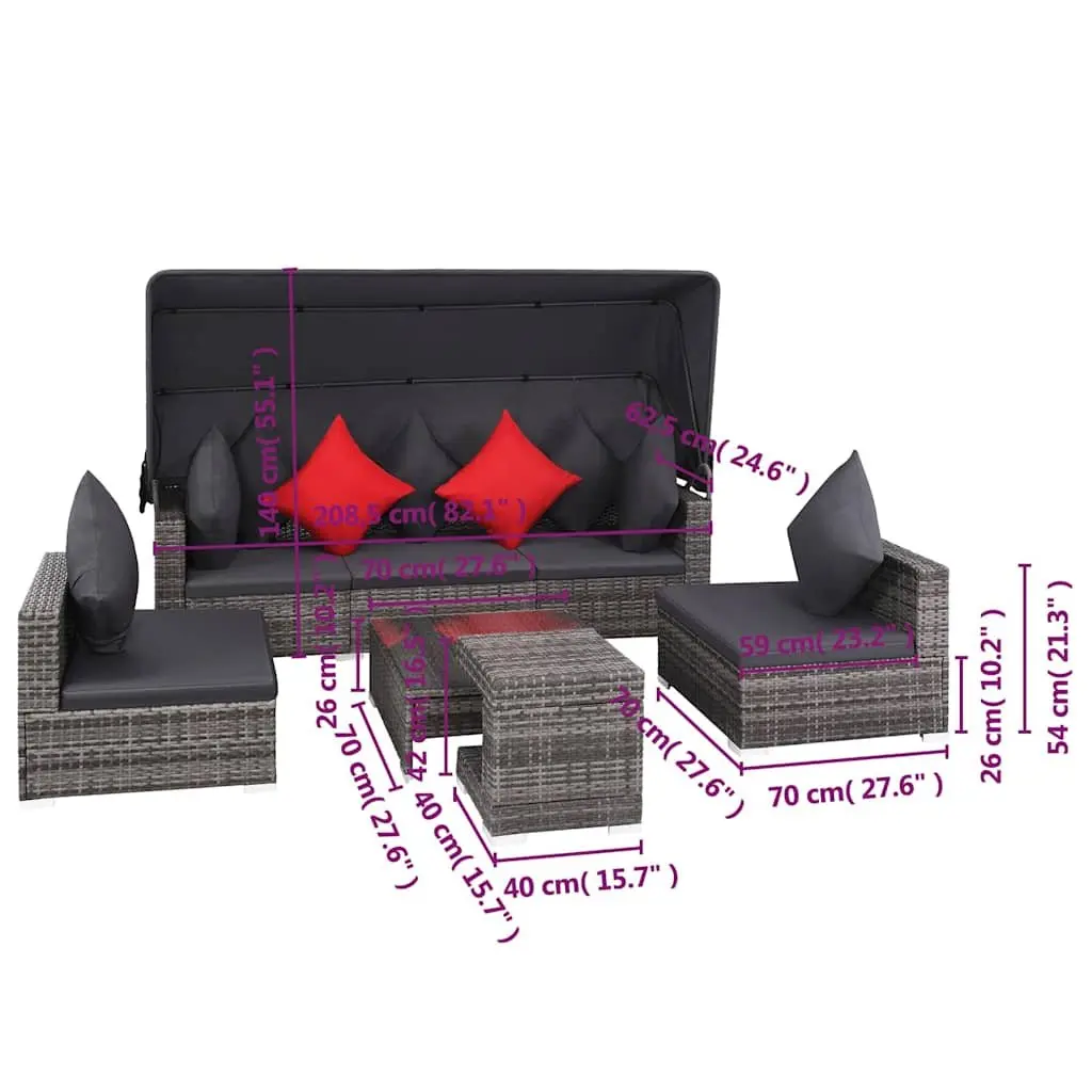Garden Lounge Set Grey 7 Piece Poly Rattan Outdoor Furniture Sofa with Canopy