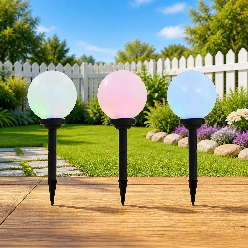 Outdoor Solar Lamps White 20cm LED Spherical 3 Piece Colour Change Garden Lighting