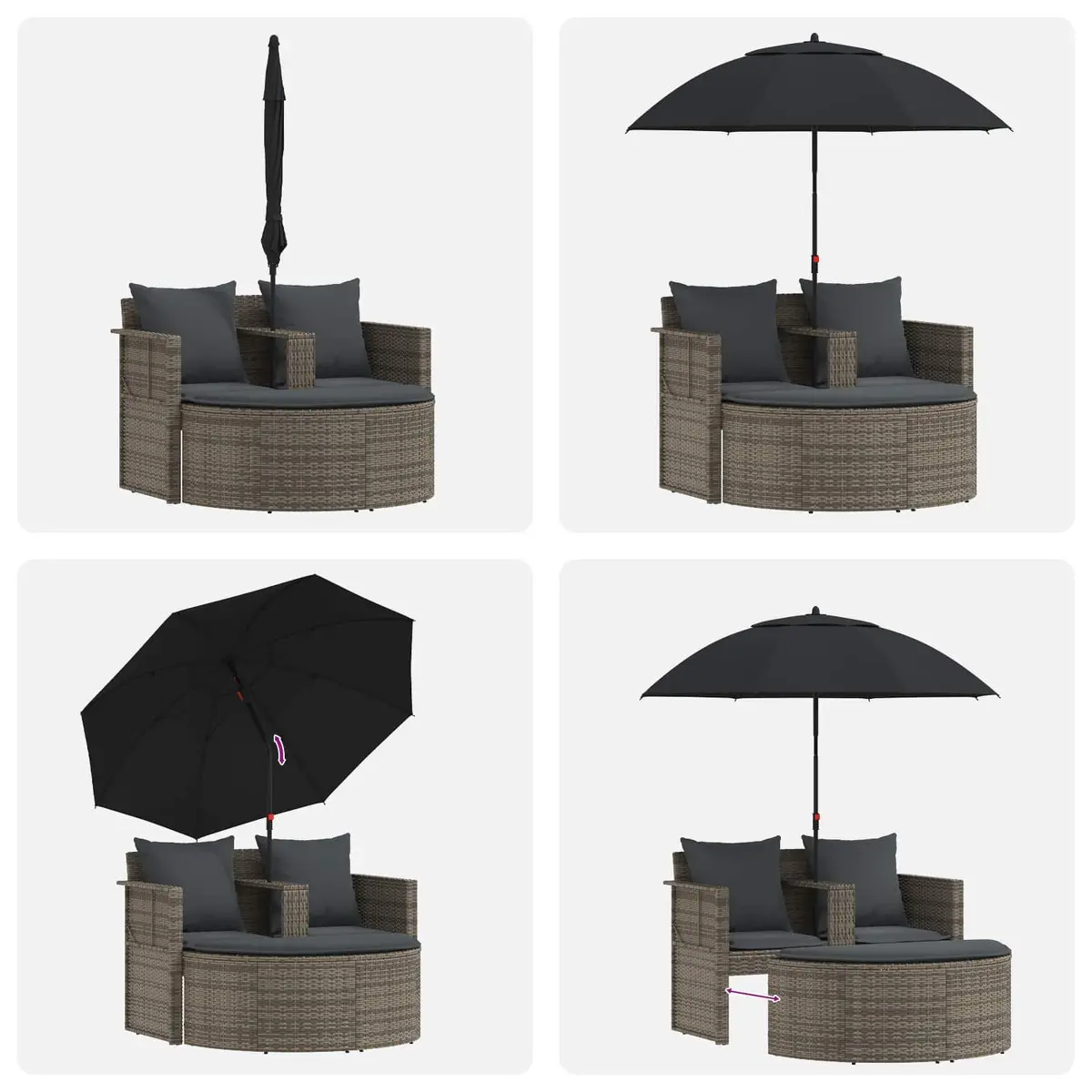 2 Seater Outdoor Garden Sofa Set Grey with Footrest and Parasol Poly Rattan
