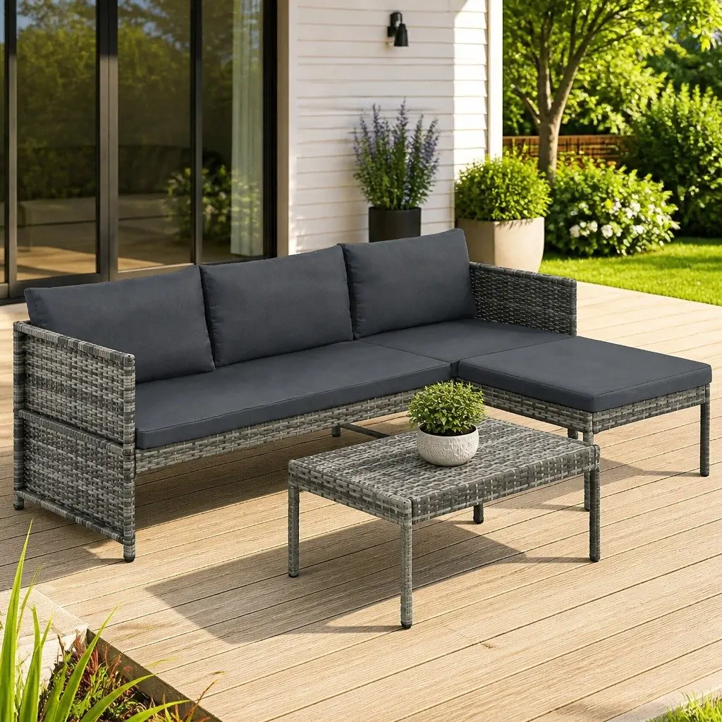 Garden Lounge Set Grey 3 Piece Poly Rattan Sofa Stool Coffee Table Outdoor