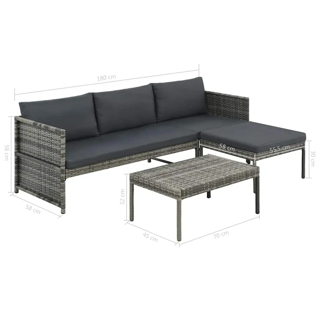Garden Lounge Set Grey 3 Piece Poly Rattan Sofa Stool Coffee Table Outdoor