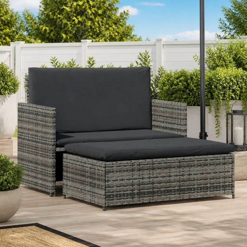2 Piece Grey Poly Rattan Garden Lounge Sofa Set with Cushions Reclining Backrest