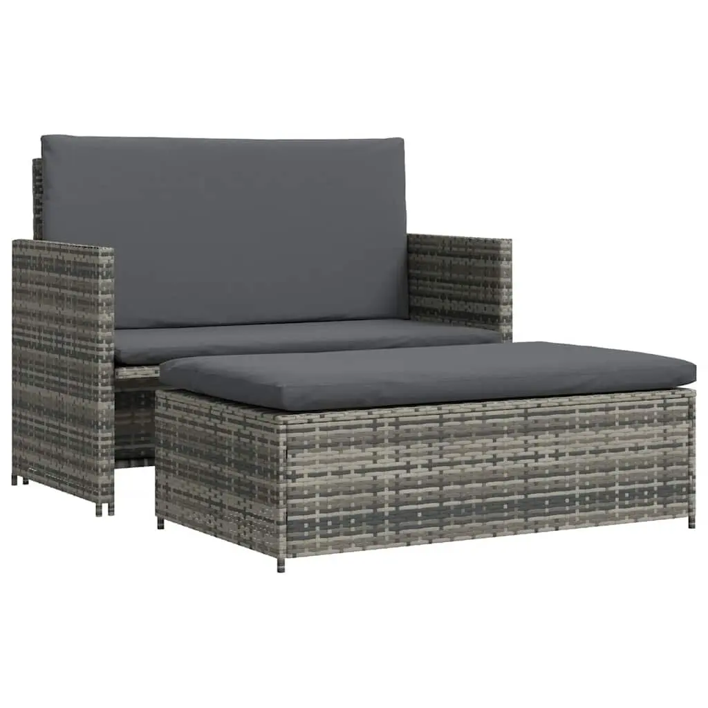 2 Piece Grey Poly Rattan Garden Lounge Sofa Set with Cushions Reclining Backrest