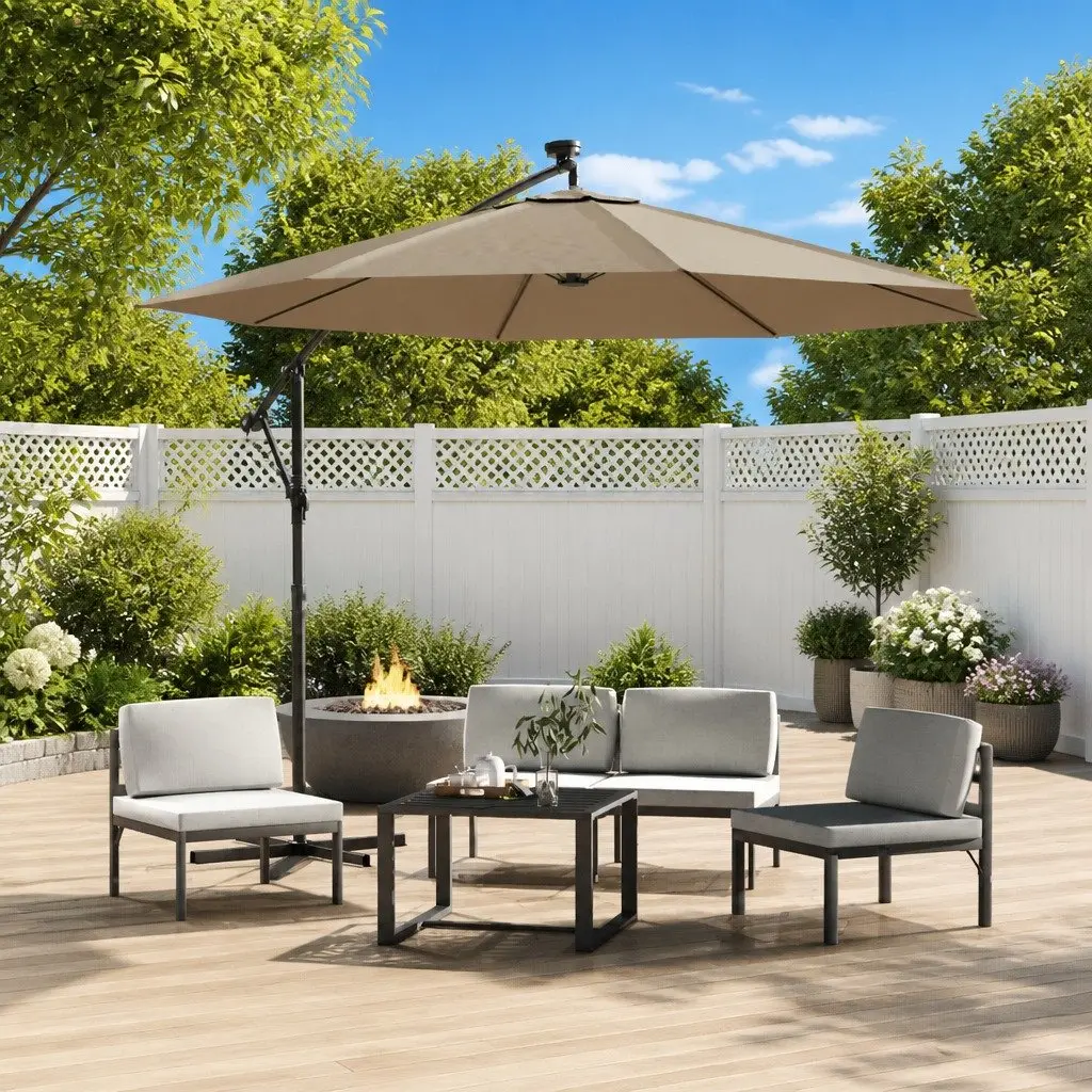Cantilever Garden Parasol Taupe 300cm Solar Powered LED Lights Outdoor Shade