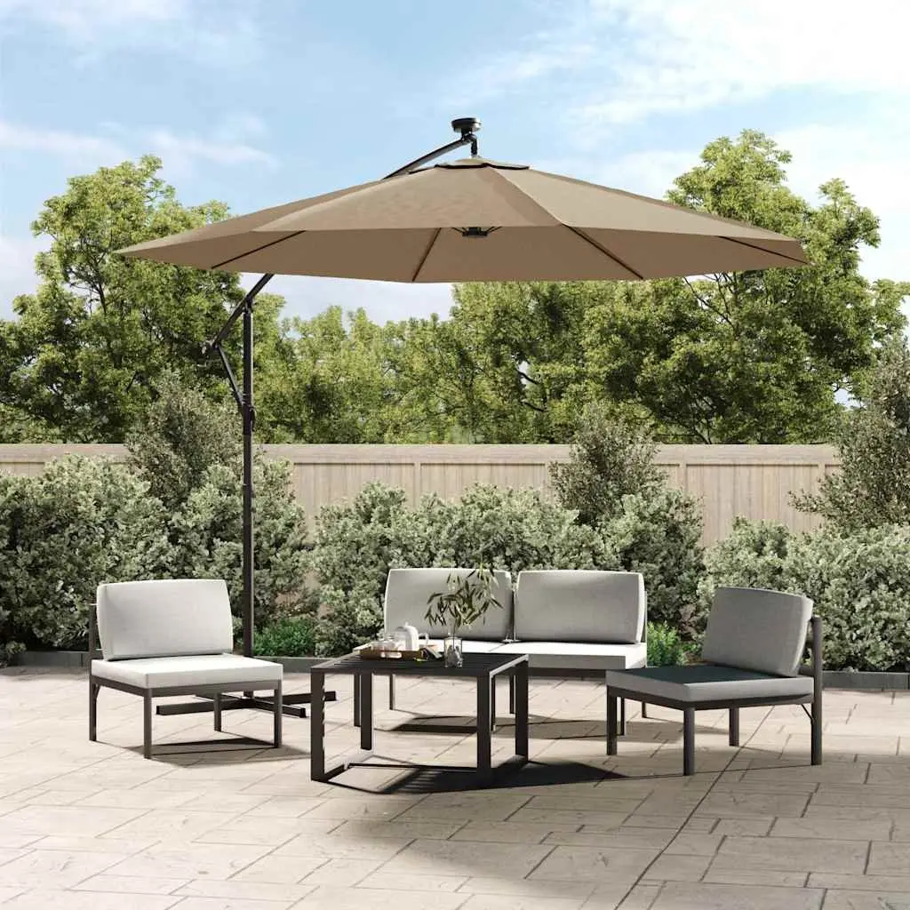 Cantilever Garden Parasol Taupe 300cm Solar Powered LED Lights Outdoor Shade