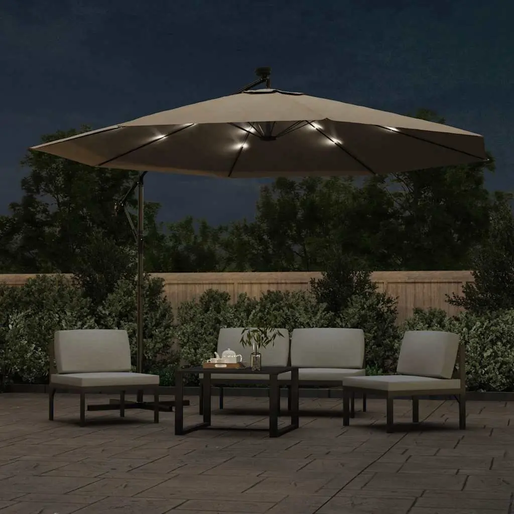 Cantilever Garden Parasol Taupe 350cm Solar Powered LED Lights Outdoor Shade