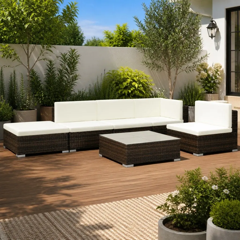 Garden Lounge Set Brown 6 Piece Outdoor Furniture Poly Rattan Sofa with Cushions