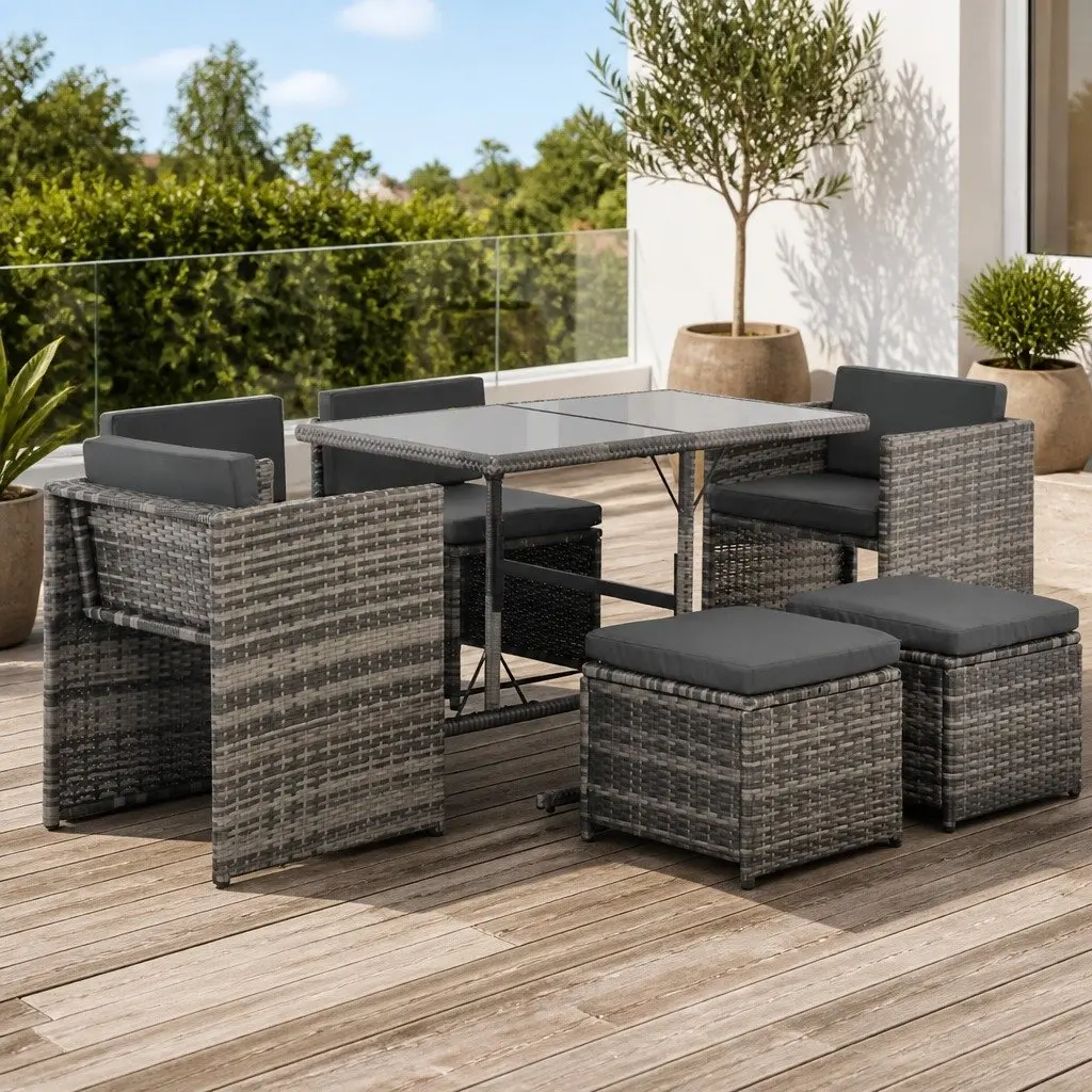7 Piece Grey Patio Garden Dining Set with Cushions Poly Rattan Outdoor Furniture