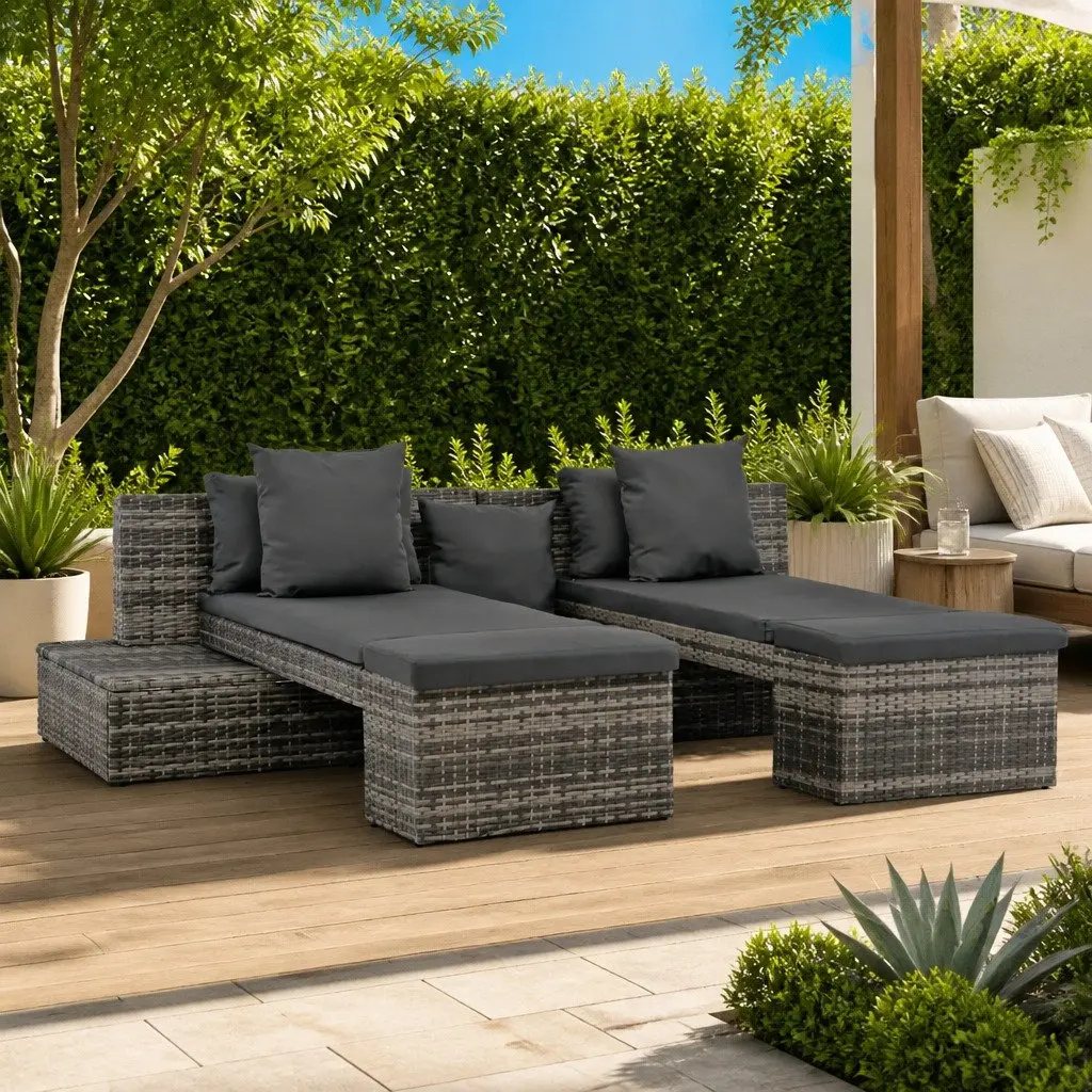 4 Piece Garden Lounge Set Grey Outdoor Sofa Sunbed Cushions Rattan