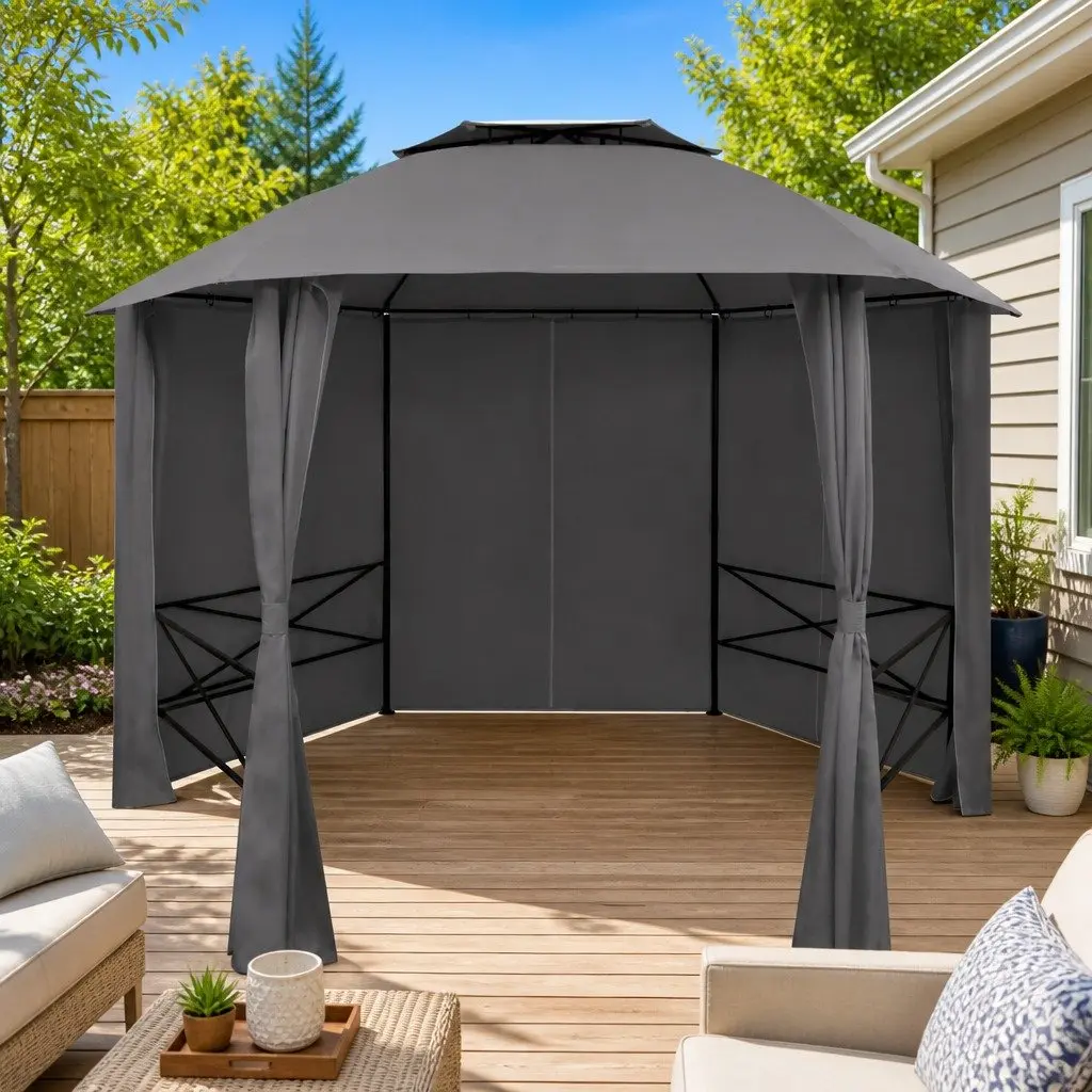 Hexagonal Garden Gazebo Anthracite 360 x 265 cm Double-Vented Roof Water-Resistant Polyester with Curtains