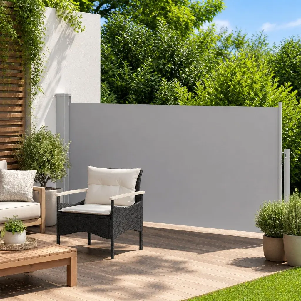 Retractable Side Awning Grey 140 x 300 cm Automatic Roll-back Function UV-proof Polyester Screen