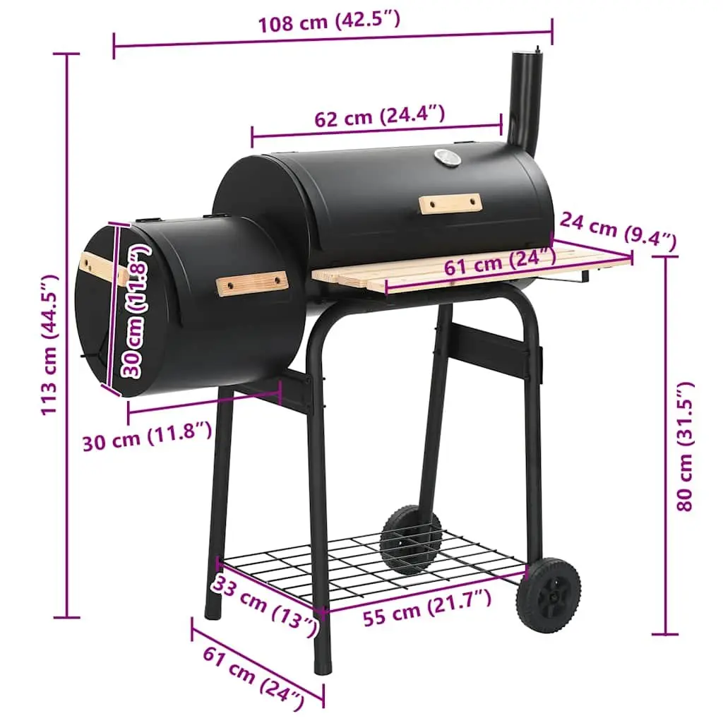 Offset Smoker Grill Black Outdoor Cooking Chamber Firebox Integrated Thermometer