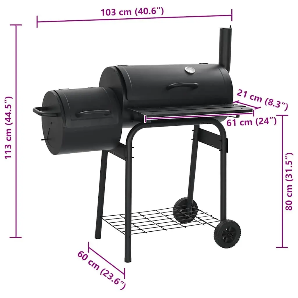 Offset Smoker Charcoal Black Outdoor Grill Cooking Chamber Side Firebox With Thermometer