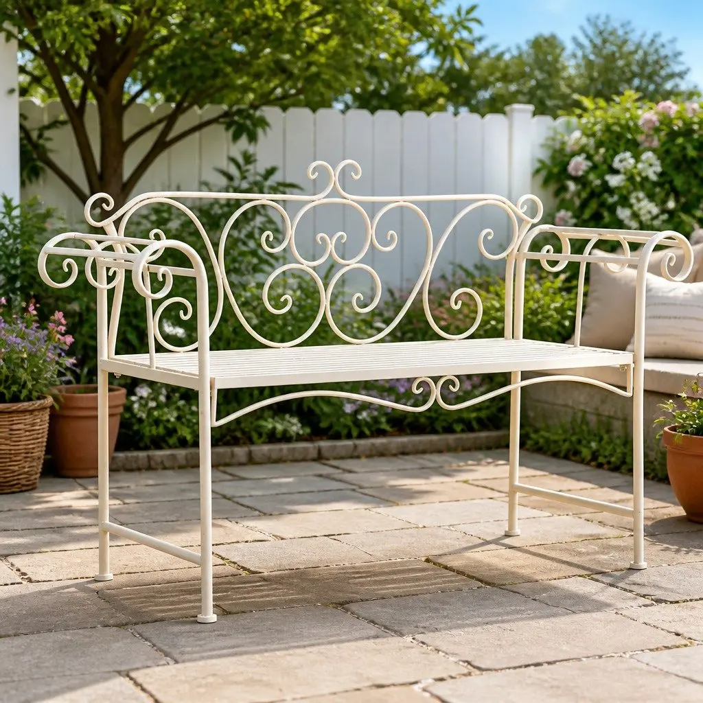 Garden Bench Antique White 132cm Weather-Resistant Metal Scroll Pattern