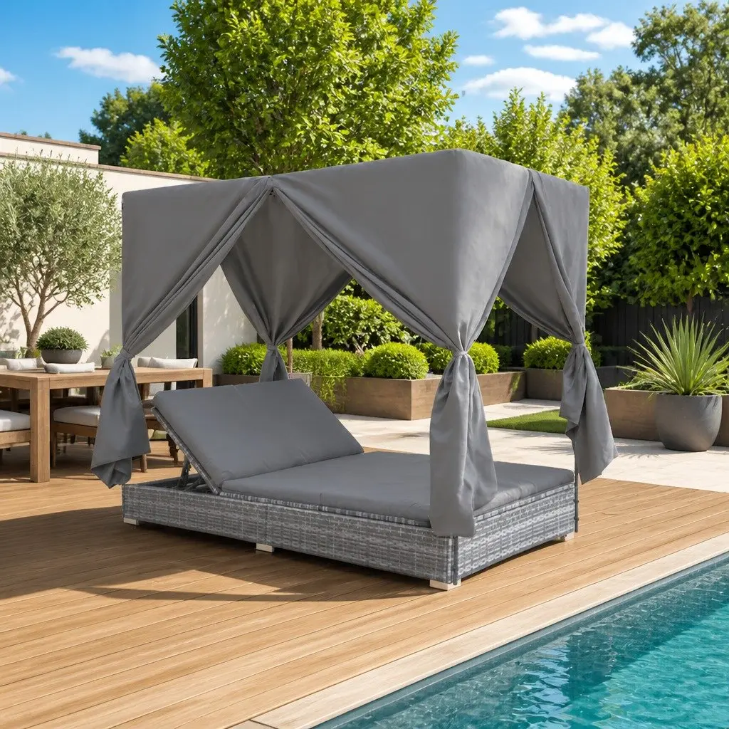 Outdoor Lounge Bed Grey 2-Person Sun Lounger with Curtains Adjustable PE Rattan Daybed