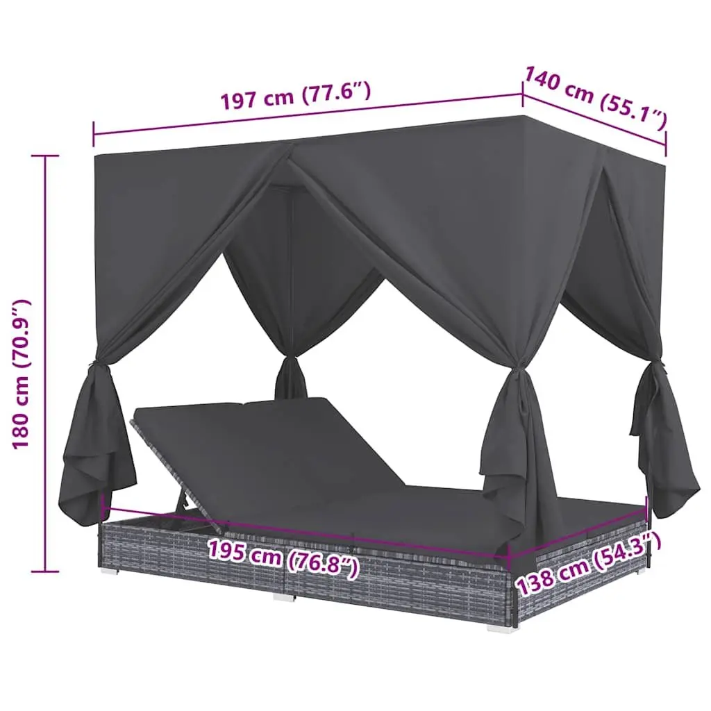 Outdoor Lounge Bed Grey 2-Person Sun Lounger with Curtains Adjustable PE Rattan Daybed