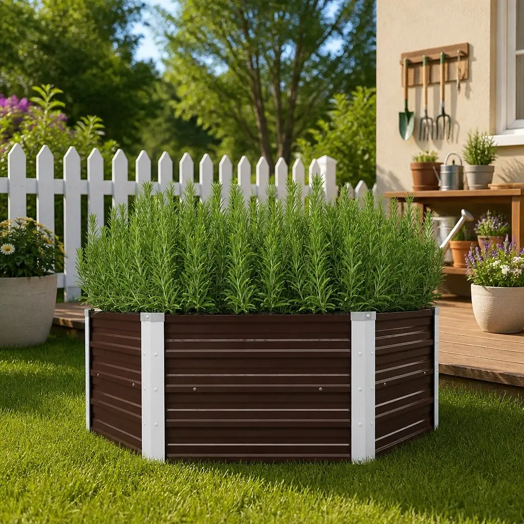 Raised Garden Bed Brown Hexagon 129x129x45cm Galvanised Steel Planter