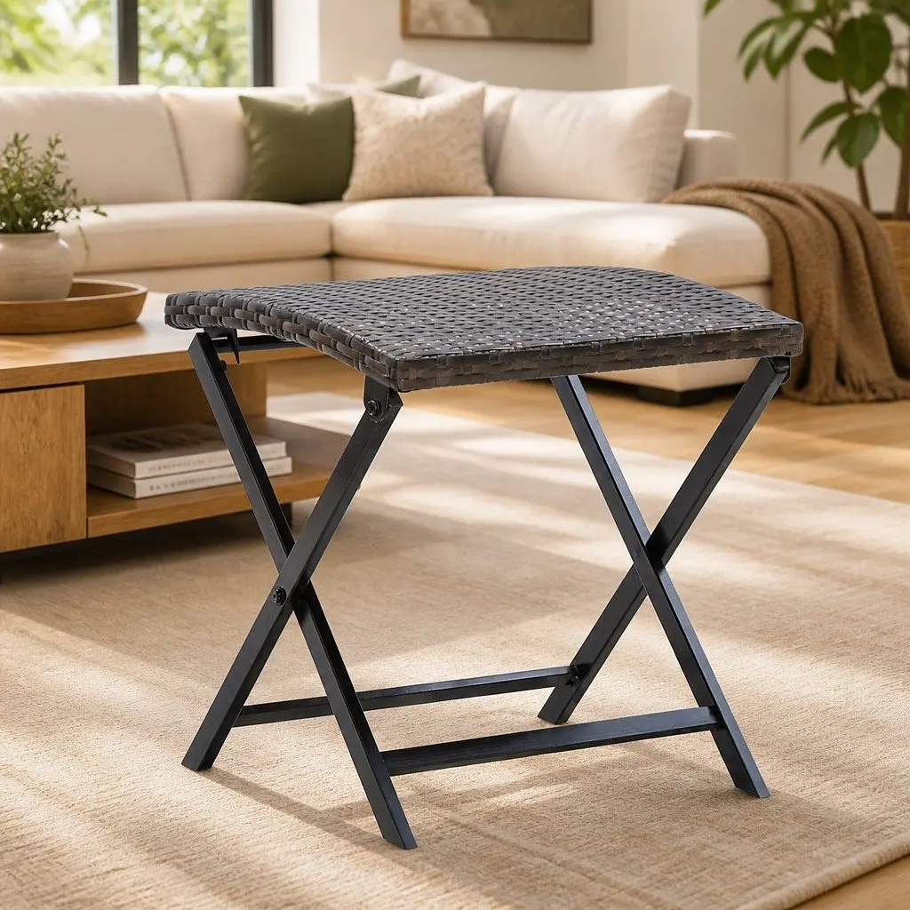 Folding Stool Brown Lightweight Portable Weather-resistant PE Rattan Garden