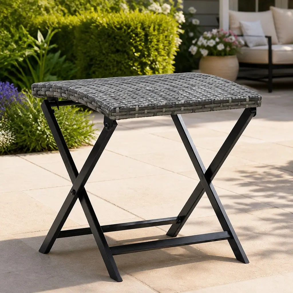 Folding Stool Grey Lightweight Portable Weather-Resistant PE Rattan Seat Garden
