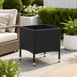 Garden Table Outdoor Patio Furniture Black 40x40x45cm Glass Top Rattan Style