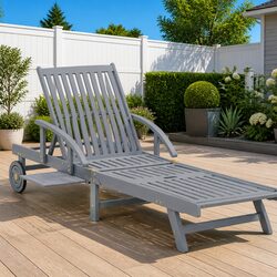 Sun Lounger Grey Wooden Garden Patio Outdoor Lounging Chair Adjustable Recliner