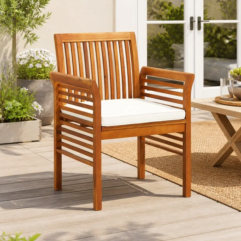 Outdoor Dining Chair Brown Acacia Wood Deep Seat with Water-Resistant Cushion
