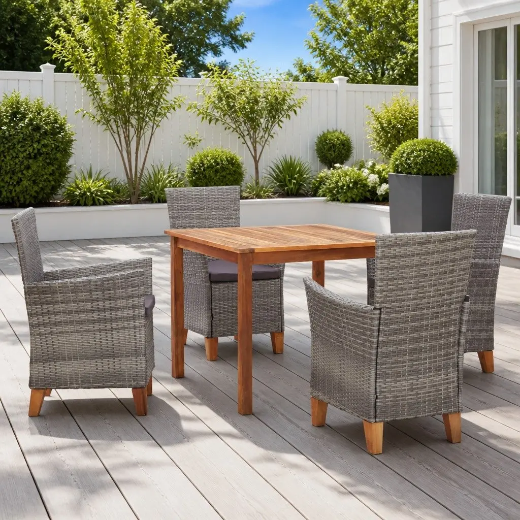 Outdoor Dining Set 5 Piece Poly Rattan Chairs Acacia Wood Table Garden Furniture