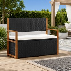 Outdoor Storage Bench 115cm Black Poly Rattan Garden Seating with Cushion