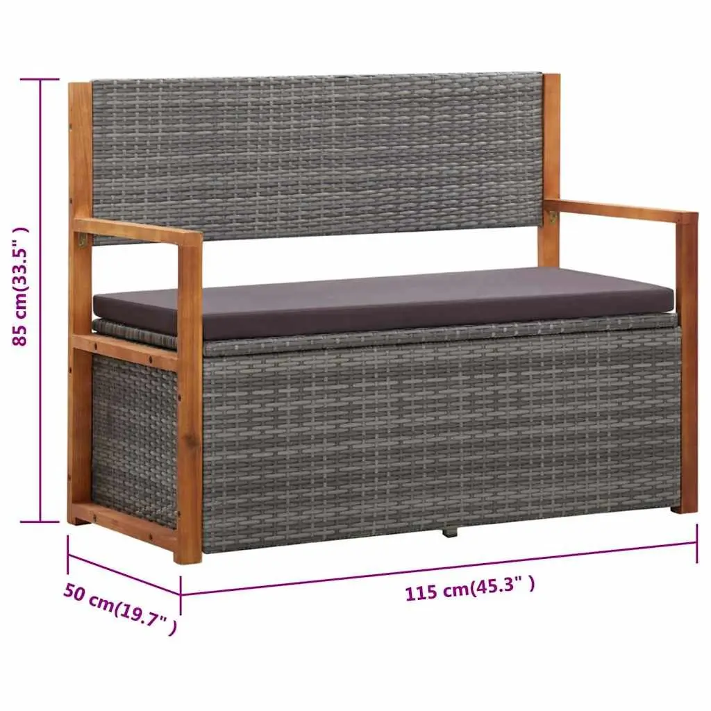 Outdoor Storage Bench Grey 115cm Poly Rattan Acacia Wood Durable Weather Resistant