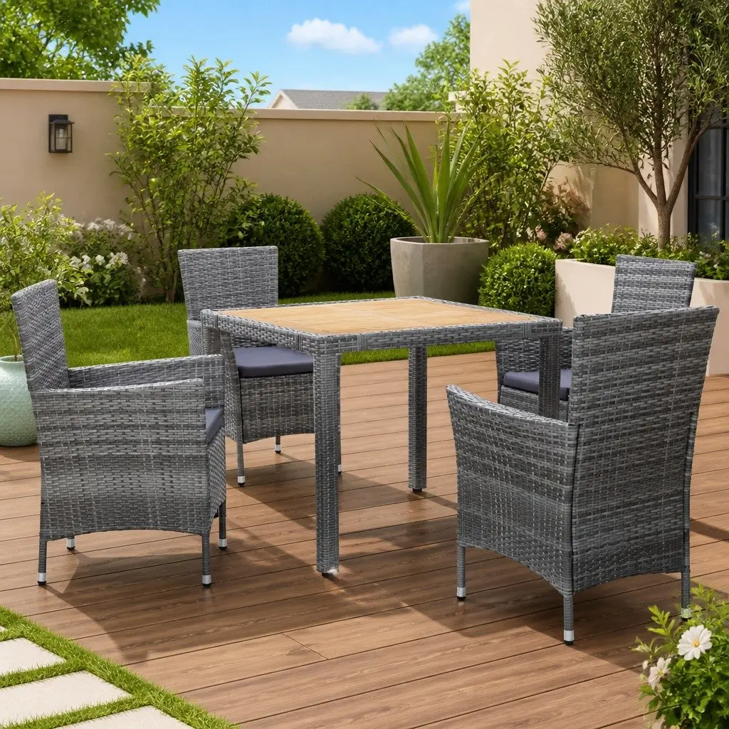 5 Piece Outdoor Dining Set Grey Poly Rattan Water-resistant Cushions