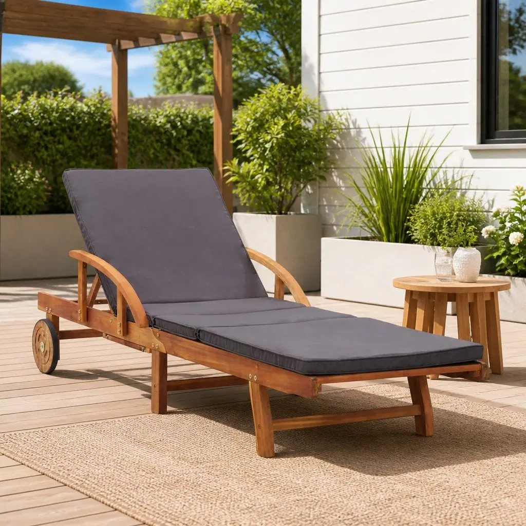 Sun Lounger Brown Acacia Wood Adjustable Backrest with Cushions and Wheels