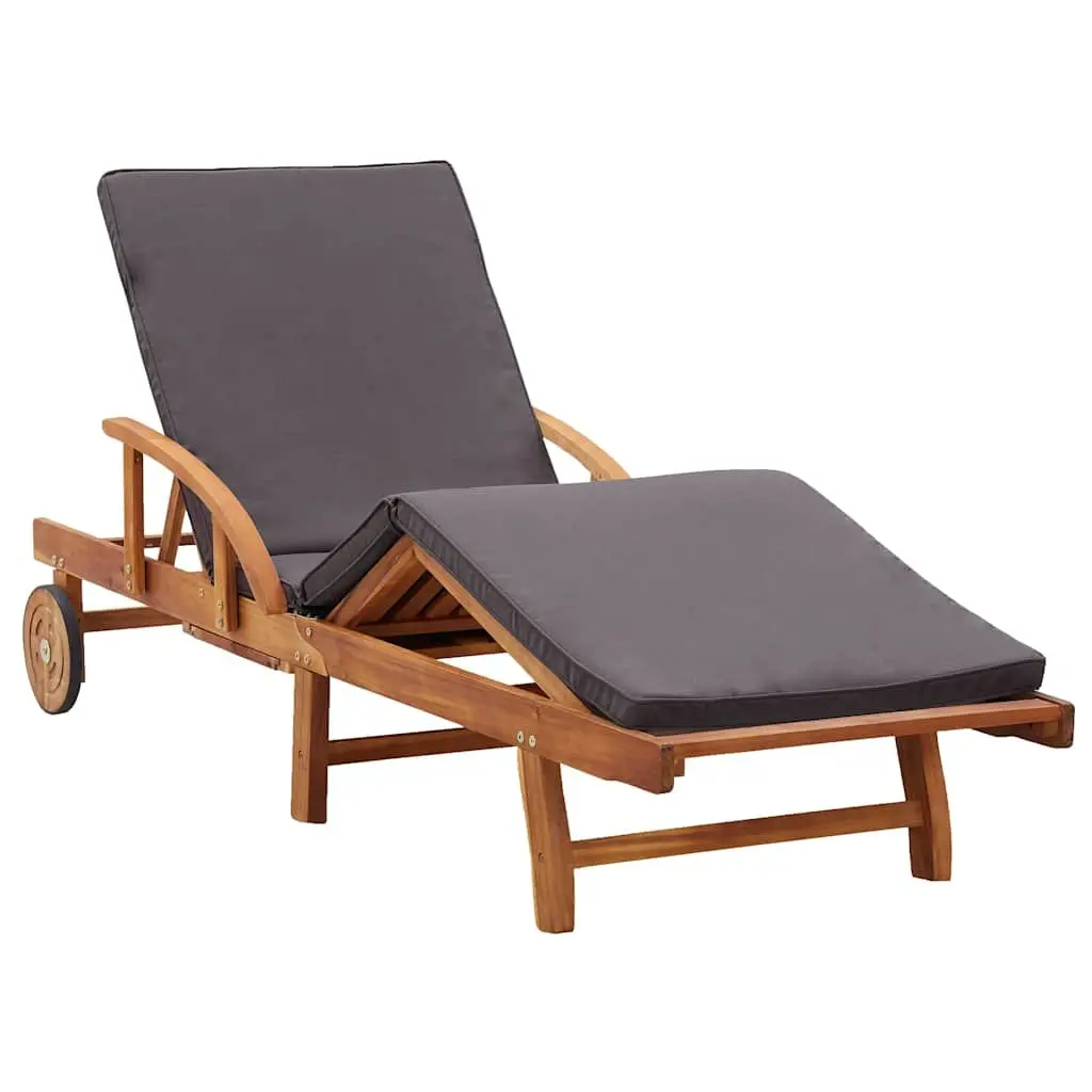 Sun Lounger Brown Acacia Wood Adjustable Backrest with Cushions and Wheels