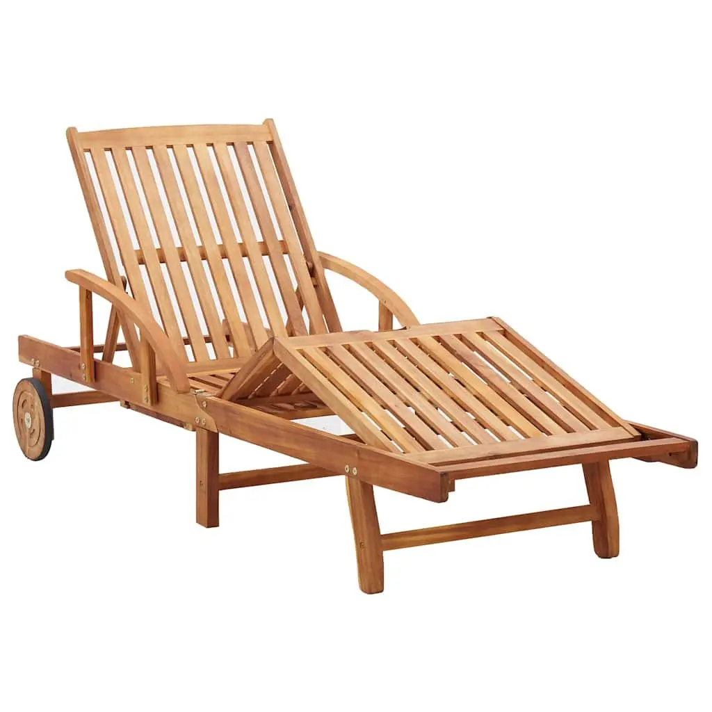 Sun Lounger Brown Acacia Wood Adjustable Backrest with Cushions and Wheels