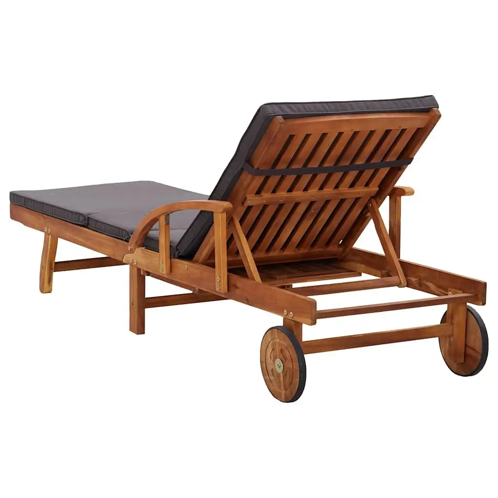 Sun Lounger Brown Acacia Wood Adjustable Backrest with Cushions and Wheels