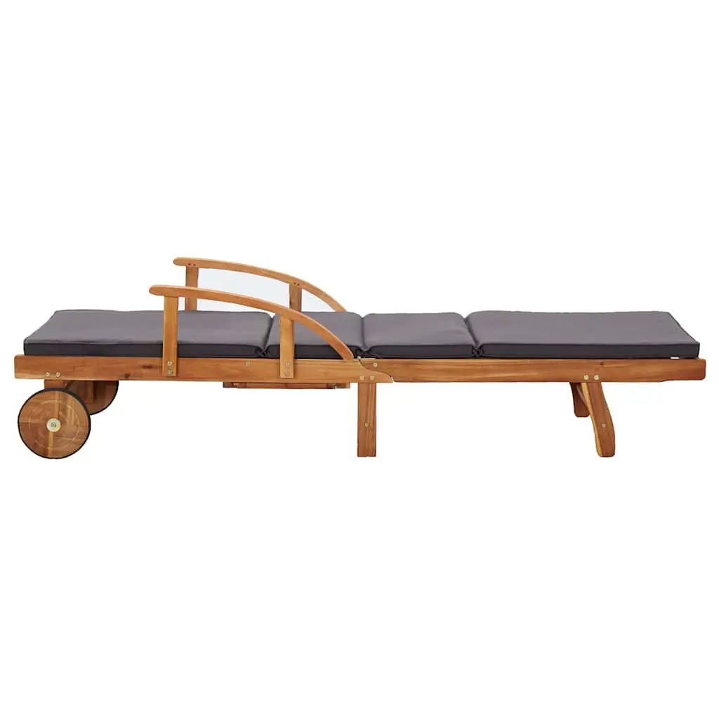 Sun Lounger Brown Acacia Wood Adjustable Backrest with Cushions and Wheels