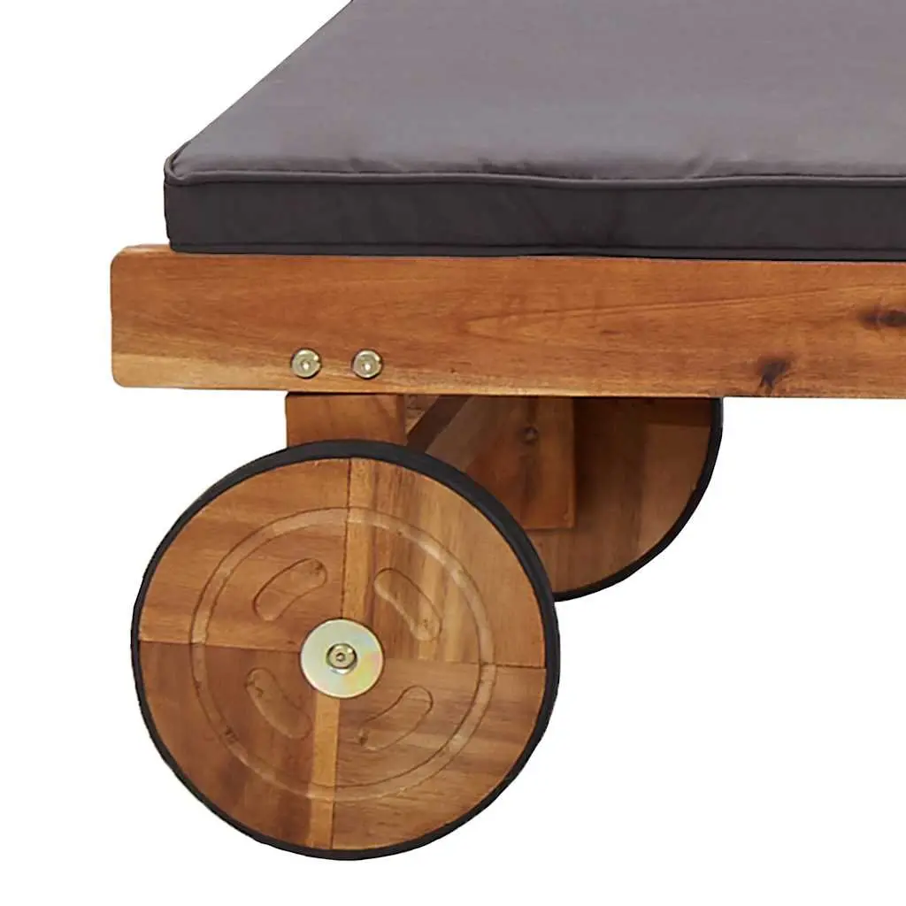 Sun Lounger Brown Acacia Wood Adjustable Backrest with Cushions and Wheels