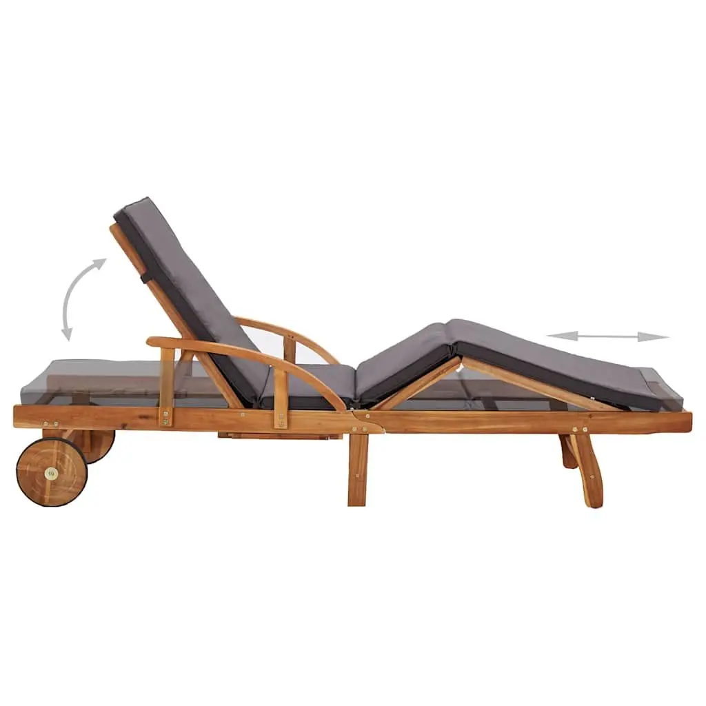 Sun Lounger Brown Acacia Wood Adjustable Backrest with Cushions and Wheels