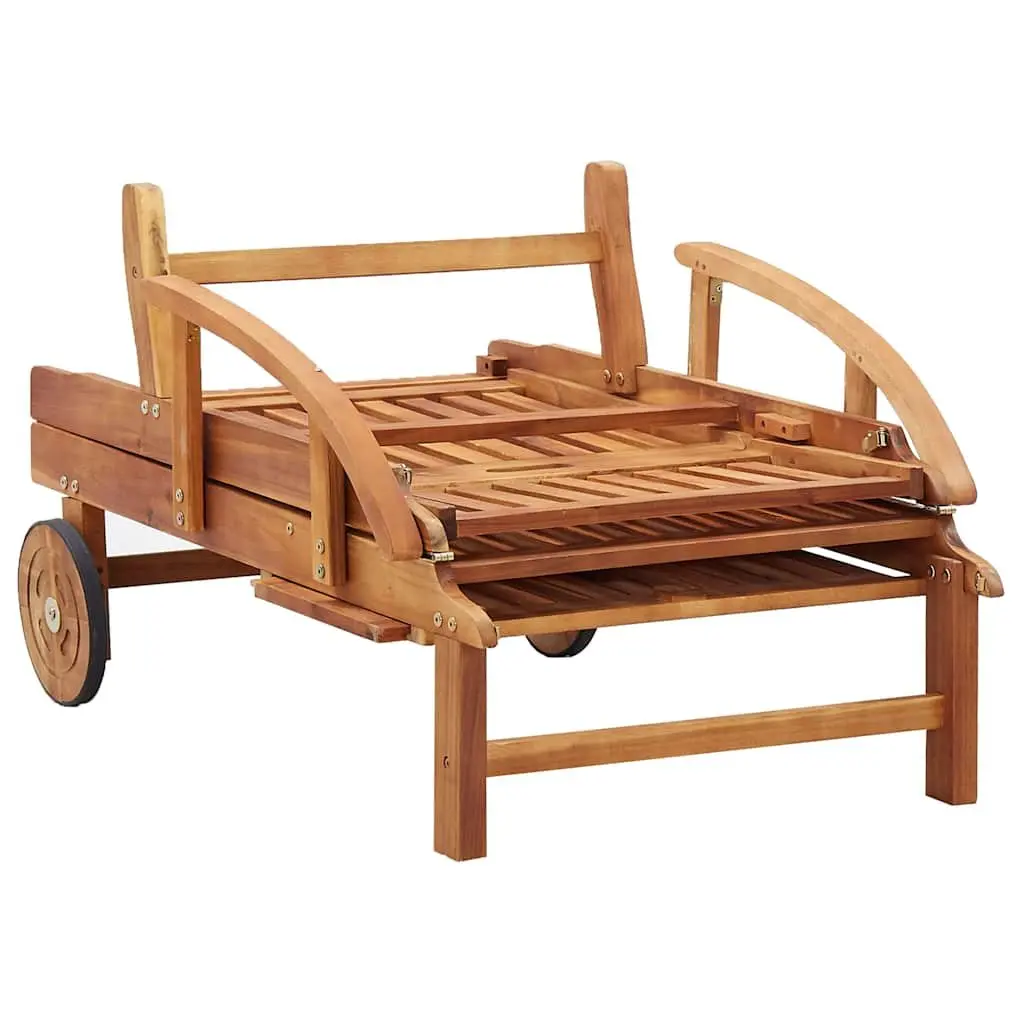 Sun Lounger Brown Acacia Wood Adjustable Backrest with Cushions and Wheels