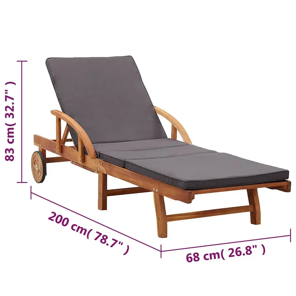 Sun Lounger Brown Acacia Wood Adjustable Backrest with Cushions and Wheels