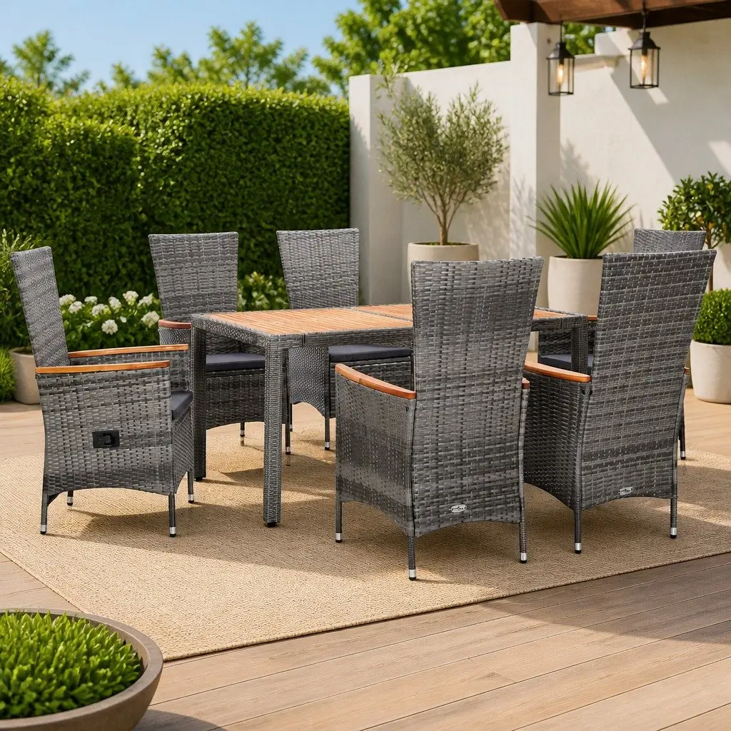 Outdoor Dining Set 7 Piece Poly Rattan Garden Furniture Grey with Cushions