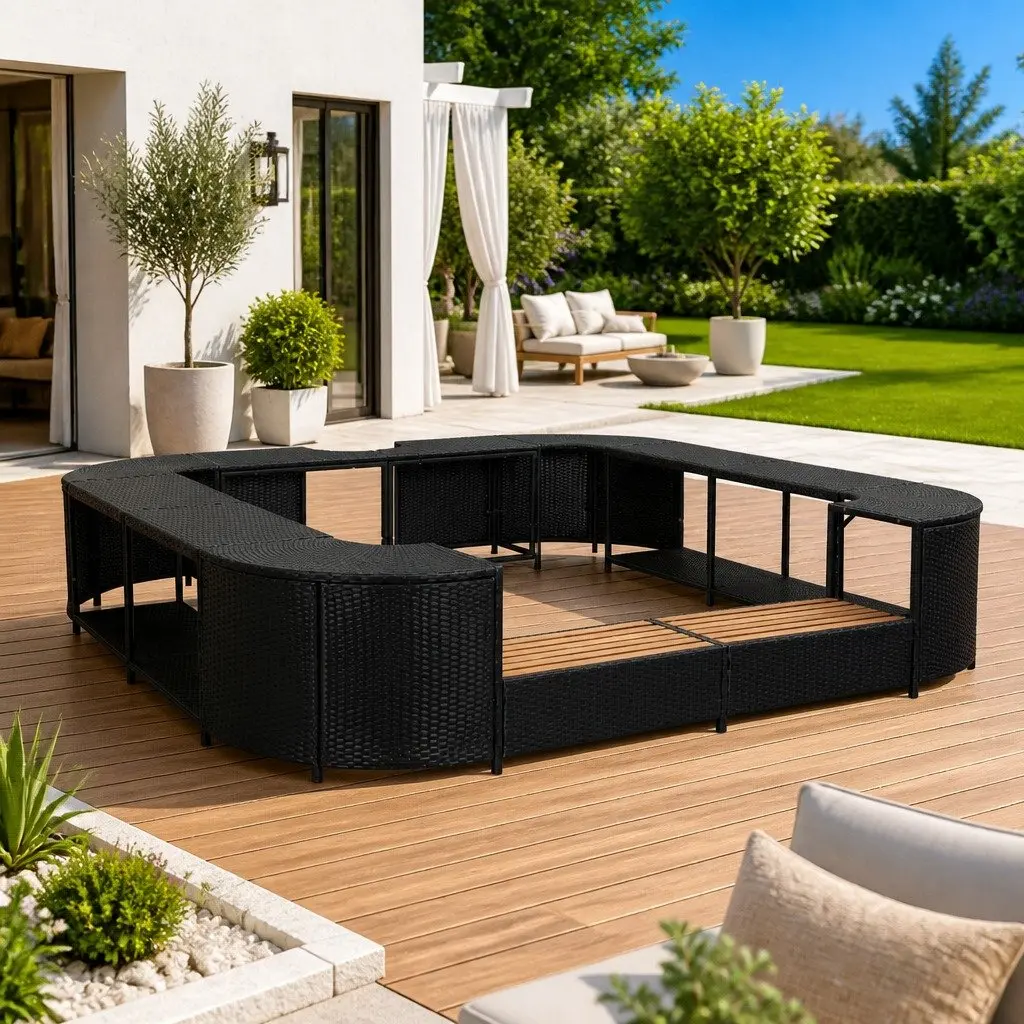 Square Spa Surround Black 268 x 268 cm Poly Rattan with Steel Frame and Solid Wood Steps