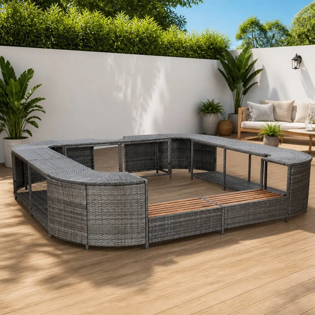 Square Spa Surround Grey 268cm Water-resistant PE Rattan Hot Tub Enclosure with Integrated Steps
