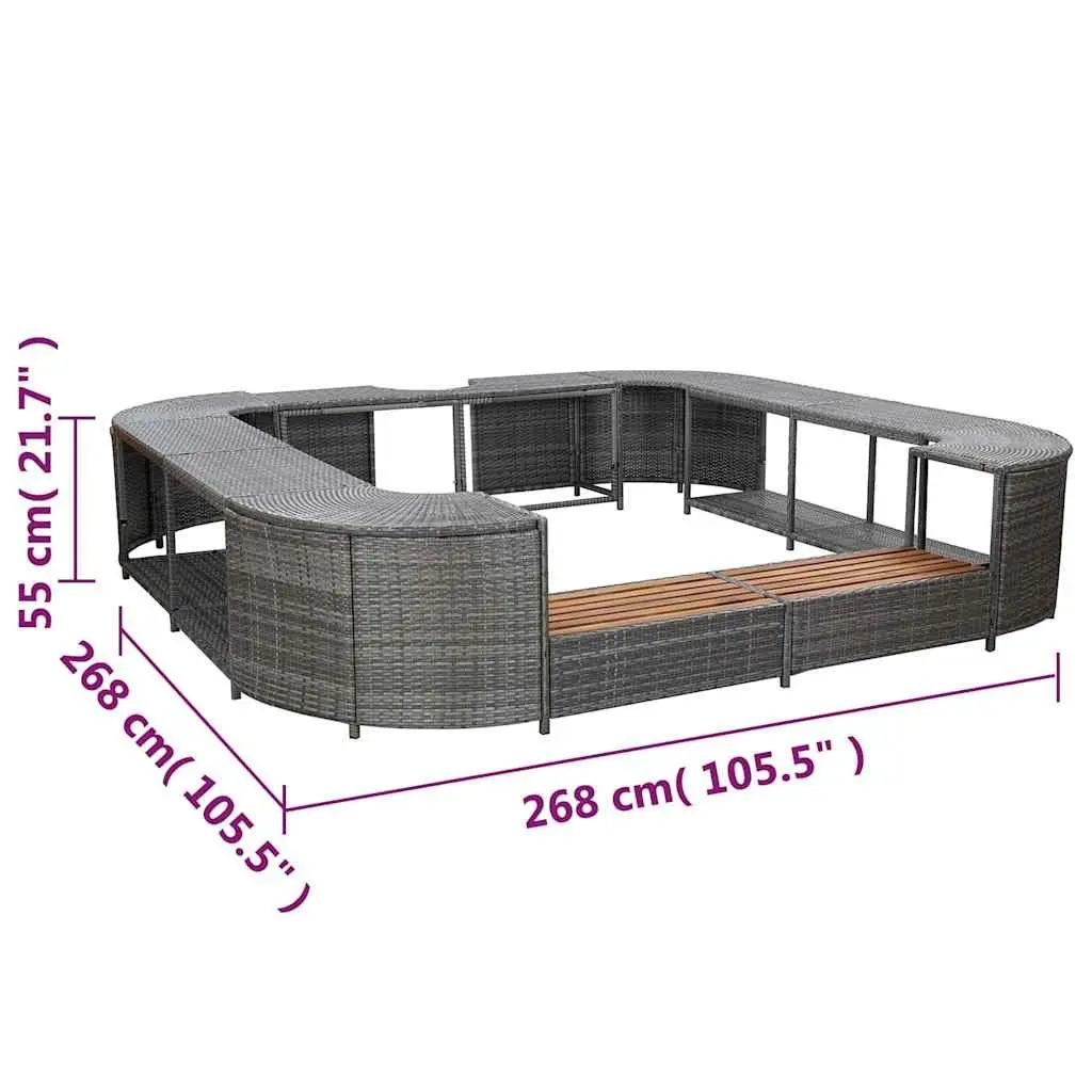 Square Spa Surround Grey 268cm Water-resistant PE Rattan Hot Tub Enclosure with Integrated Steps