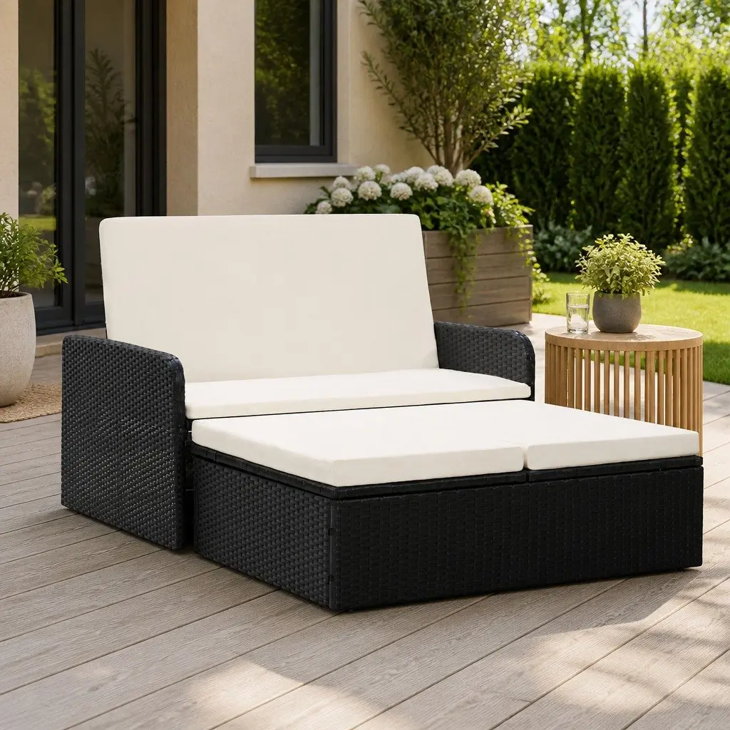2 Piece Rattan Garden Lounge Set Black Adjustable Sofa with Cushions Storage