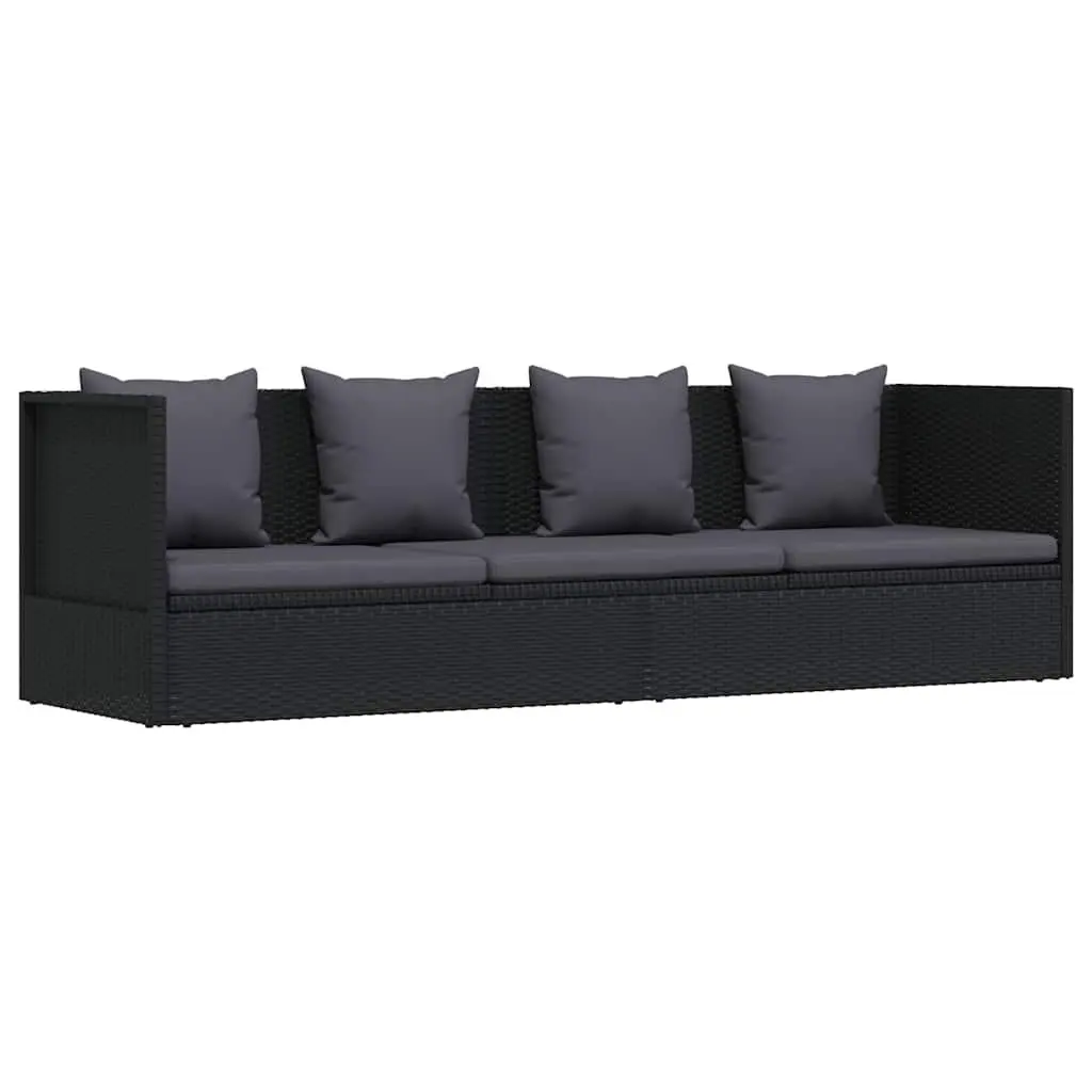 Garden Sun Lounger Bed with Cushion and Pillow, Poly Rattan Outdoor Sofa, Black