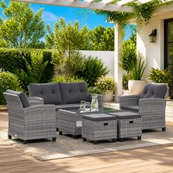 Outdoor Garden Sofa Set 6 Piece Grey Poly Rattan Patio Furniture with Cushions
