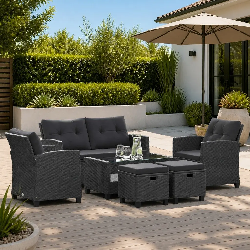 Outdoor Garden Sofa Set Black 6 Piece Weather-Resistant PE Rattan Modular Sectional