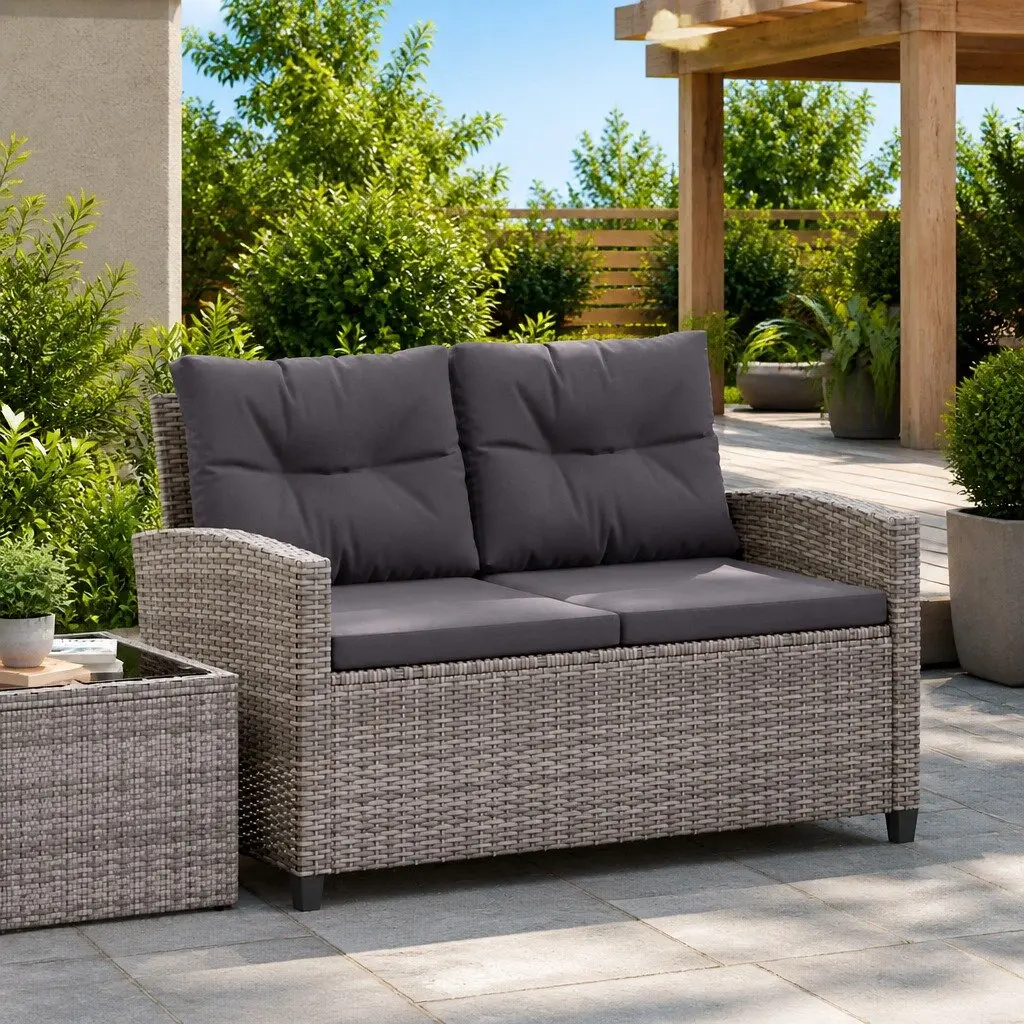 2SeaterGardenSofaGrey124cmCushionsWeatherResistantPolyRattanPatioSeating