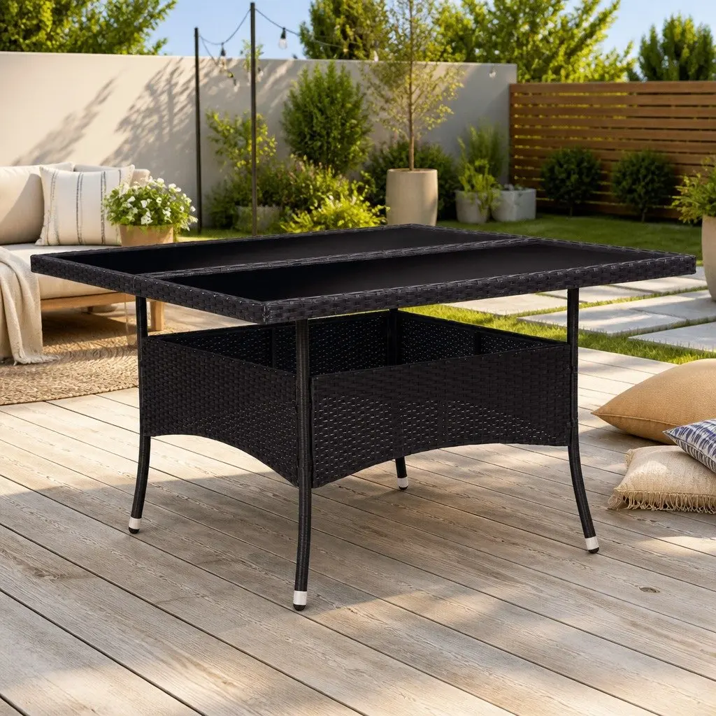 Outdoor Dining Table Black Reinforced Tempered Glass Lightweight 4 Seater Weather Resistant PE Rattan